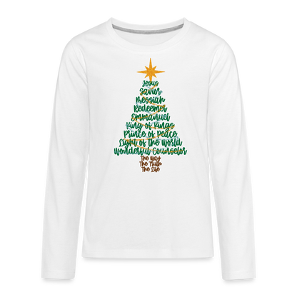 Names of Jesus Christmas Tree Kid's Long Sleeve Shirt - white