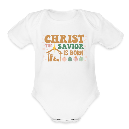 Christ the Savior is Born Christmas Family Organic Short Sleeve Baby Bodysuit - white