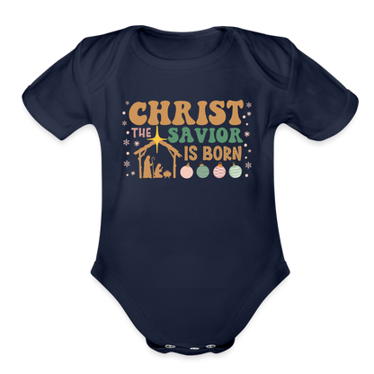 Christ the Savior is Born Christmas Family Organic Short Sleeve Baby Bodysuit - dark navy