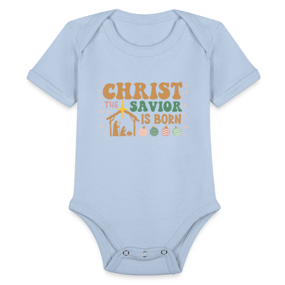 Christ the Savior is Born Christmas Family Organic Short Sleeve Baby Bodysuit - sky