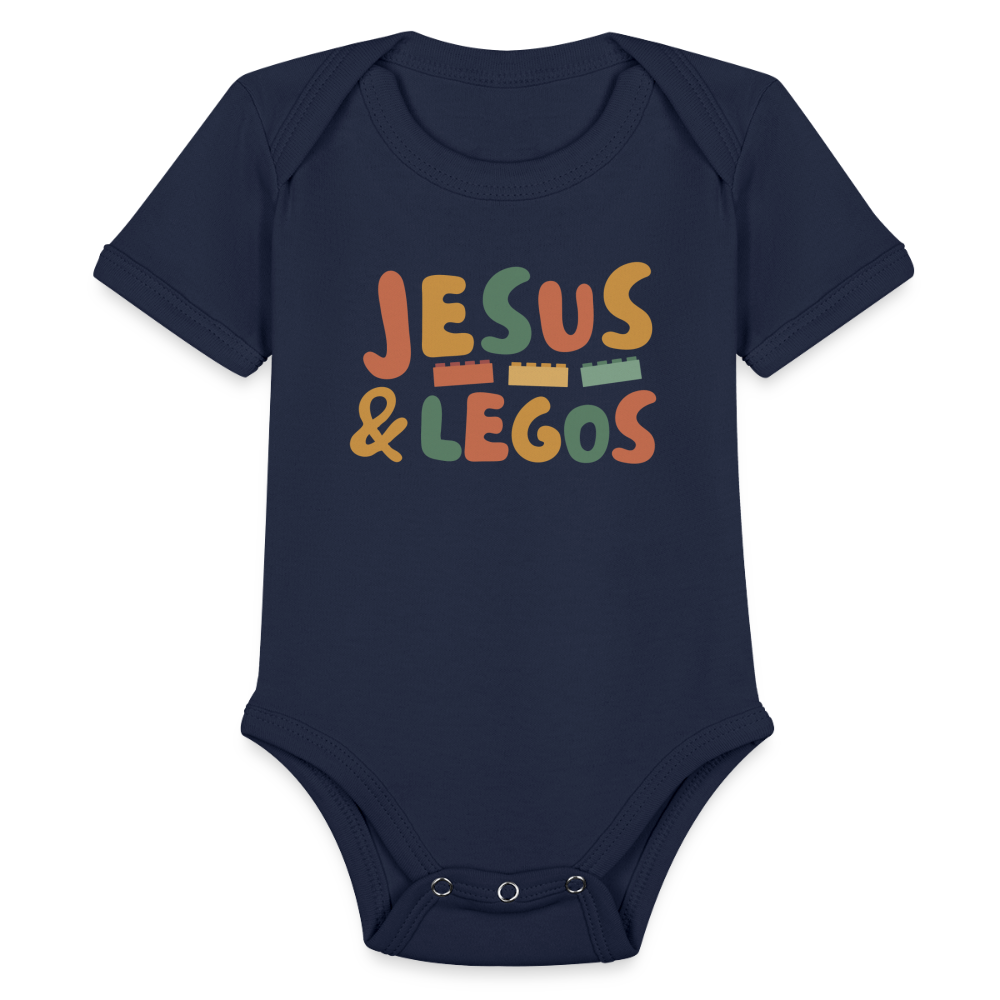 Jesus & Legos Family Organic Short Sleeve Baby Bodysuit - dark navy