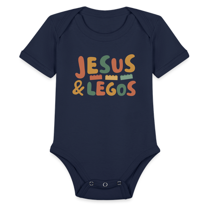 Jesus & Legos Family Organic Short Sleeve Baby Bodysuit - dark navy