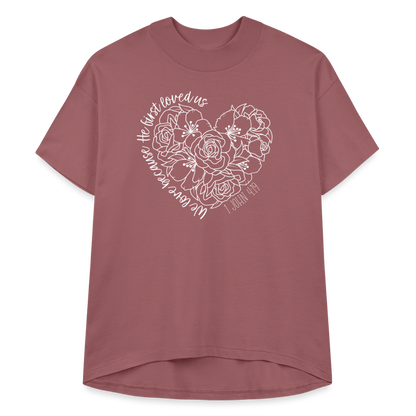 We Love Because He First Loved Us Women's Hi Lo T-Shirt - dusty pink