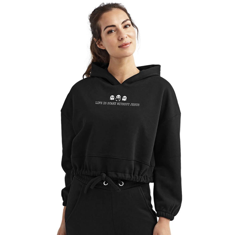 Life is Scary Without Jesus (W) Women's Cropped Hoodie - black