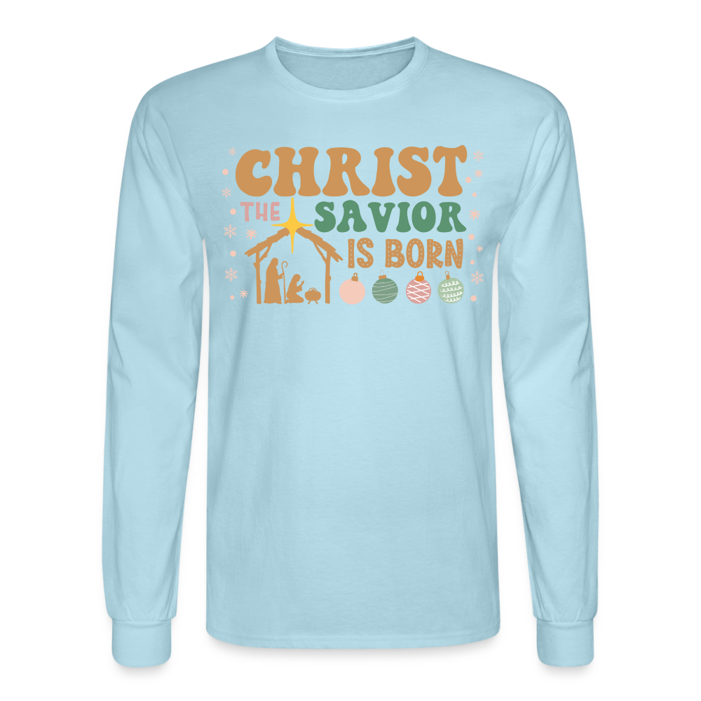 Christ the Savior is Born Christmas Family Men's Long Sleeve T-Shirt - powder blue