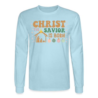 Christ the Savior is Born Christmas Family Men's Long Sleeve T-Shirt - powder blue