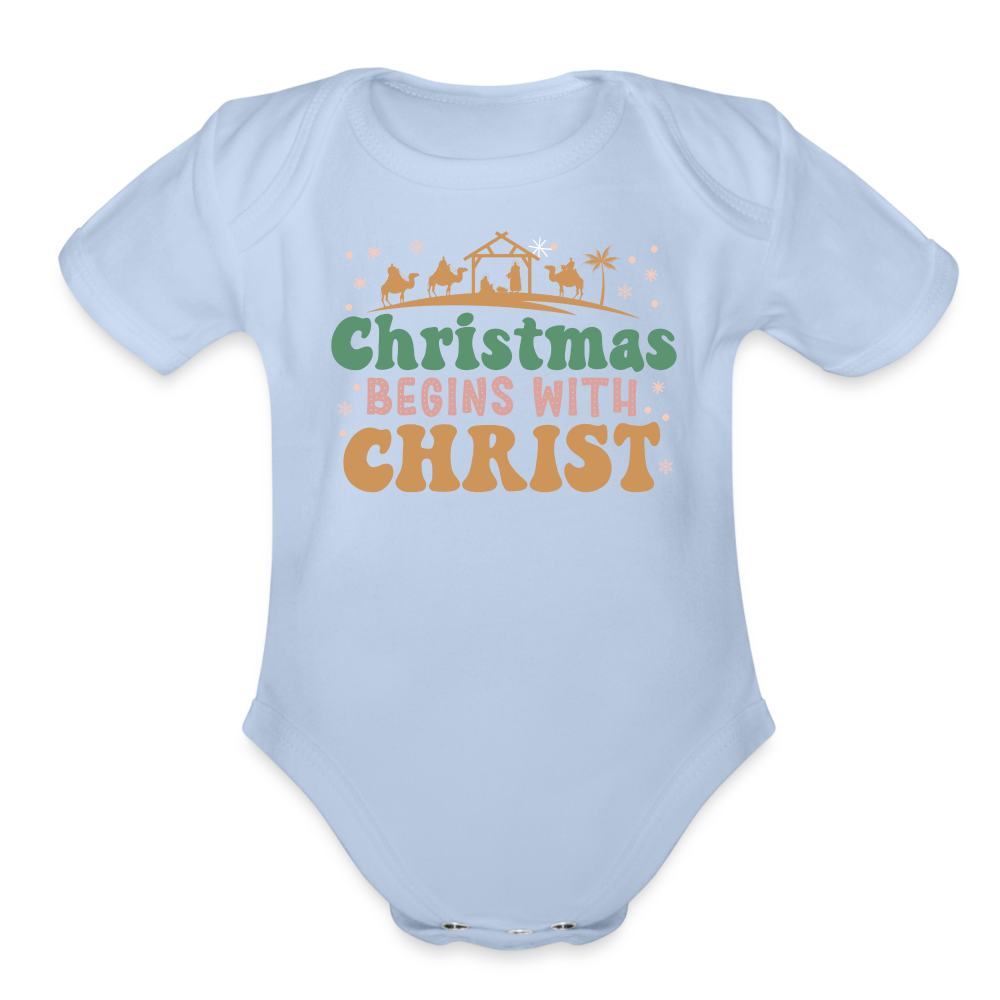 Christmas begins with Christ Family Organic Short Sleeve Baby Bodysuit - sky