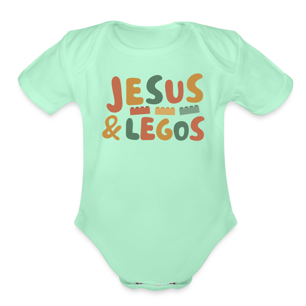 Jesus & Legos Family Organic Short Sleeve Baby Bodysuit - light mint