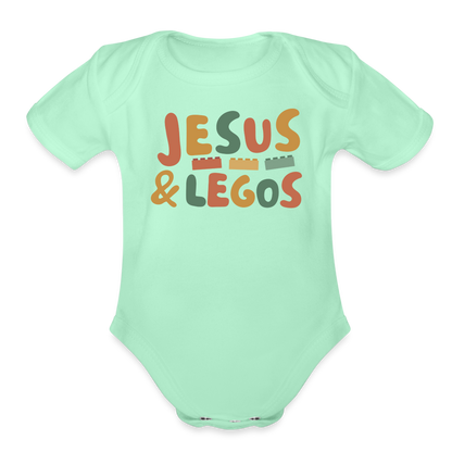 Jesus & Legos Family Organic Short Sleeve Baby Bodysuit - light mint