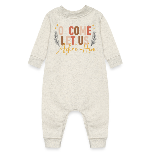 O Come Let us Adore Him Christmas Baby Fleece Long Sleeve Onesie - heather oatmeal